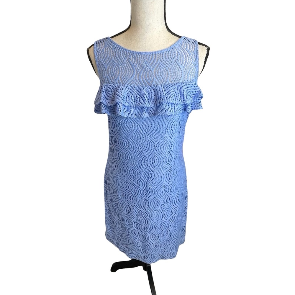 Lilly Pulitzer Janine Shift Mini Dress Periwinkle Blue Eyelet Leaf Lace Ruffle